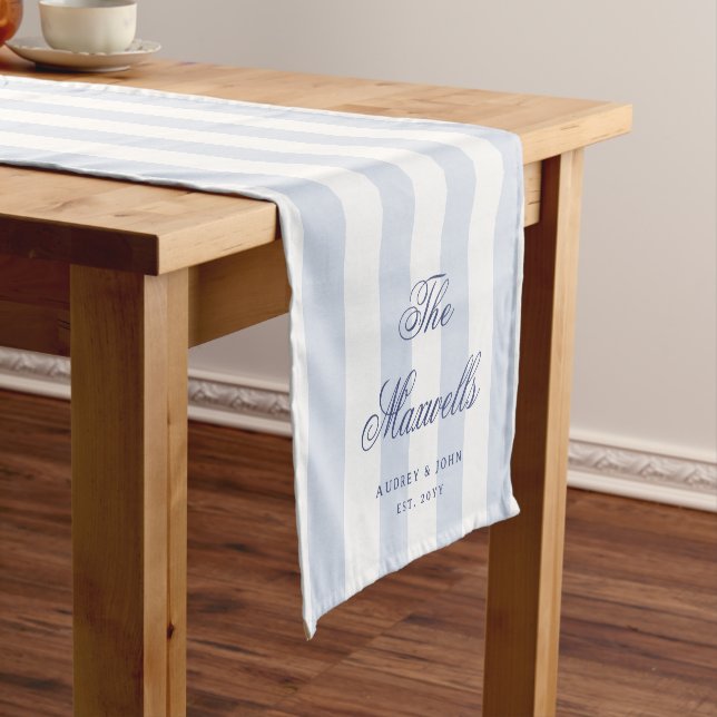 Modern Elegant Blue White Stripes Script Wedding Short Table Runner (In Situ)