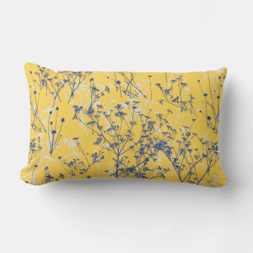 Modern Elegant Blue Wildflowers Mustard Yellow Lumbar Pillow