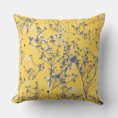 Modern Elegant Blue Wildflowers on Mustard Yellow Throw Pillow
