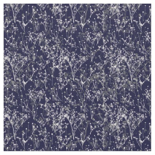 Modern Elegant Blue Wildflowers on Navy Blue Fabric