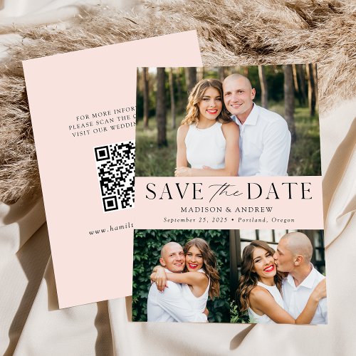 Modern Elegant Blush 3 Photo QR Code Save The Date