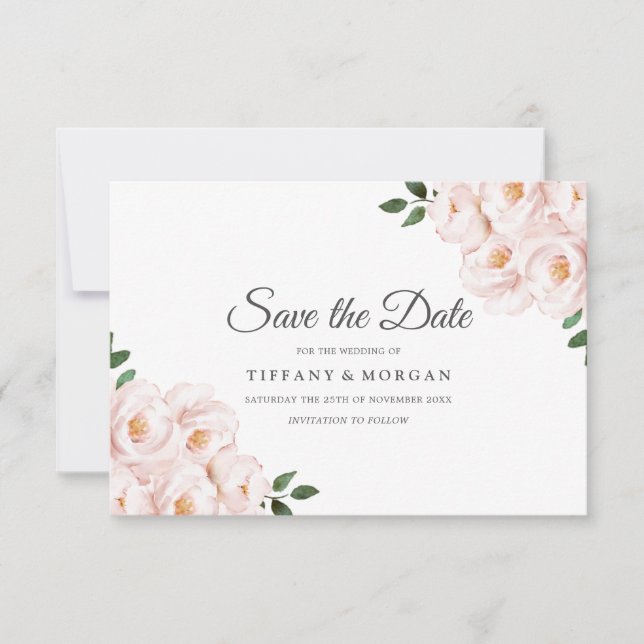 Modern Elegant Blush Floral Wedding Save The Date (Front)