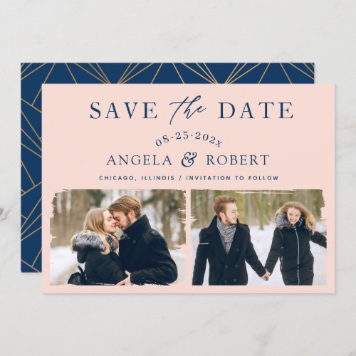 Modern Elegant Blush Navy Brush Stroke 2 Photo Save The Date - Modern Elegant Blush Navy Brush 2 Photo Save the Date Card. 
(1) For further customization, please click the "customize further" link and use our design tool to modify this template. 
(2) If you prefer Thicker papers / Matte Finish, you may consider to choose the Matte Paper Type.