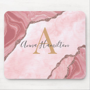 Modern Elegant Blush Pink Agate Geode Monogram Mou Mouse Pad