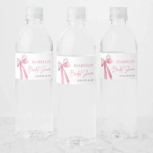 Modern Elegant Blush Pink Bow Ribbon Bridal Shower Water Bottle Label