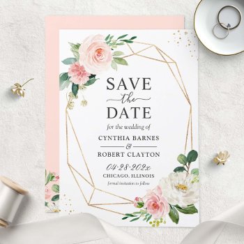 Modern Elegant Blush Pink Floral Geometric Frame Save The Date by CardHunter at Zazzle