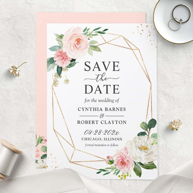Modern Elegant Blush Pink Floral Geometric Frame Save The Date (Creator Uploaded)
