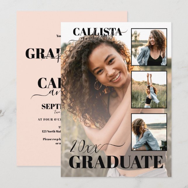 Modern Elegant Blush Pink Four Photo Graduation Invitation (Front/Back)