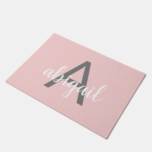 Modern Elegant Blush Pink Girly Grey Monogram Name Doormat
