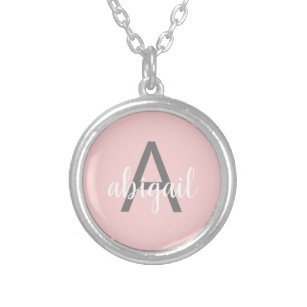 Modern Elegant Blush Pink Girly Grey Monogram Name Silver Plated Necklace