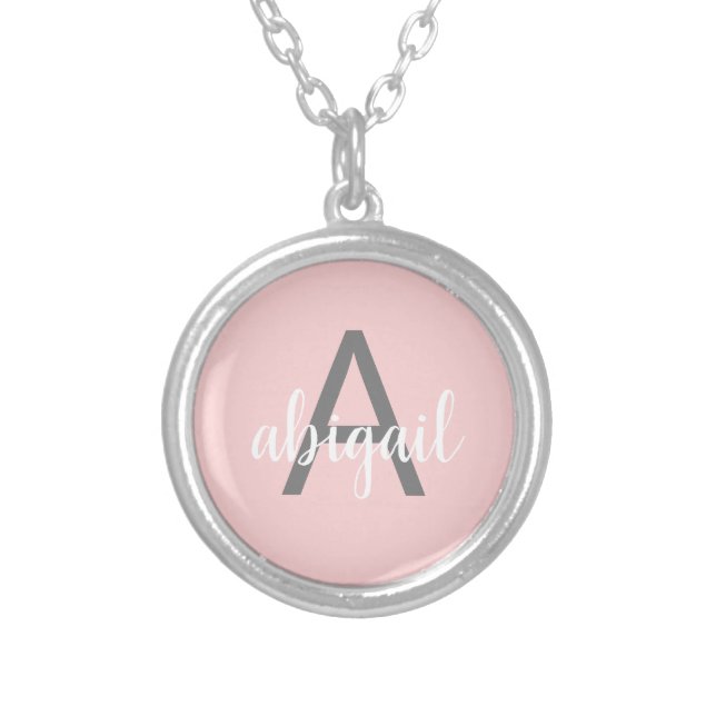 Modern Elegant Blush Pink Girly Grey Monogram Name Silver Plated Necklace (Front)