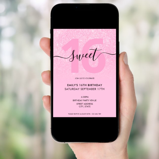 Modern Elegant Blush Pink Glitter Sweet 16 Invitation (Front Digital)