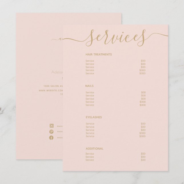 Modern Elegant Blush Pink Gold Salon Price List Menu (Front/Back)
