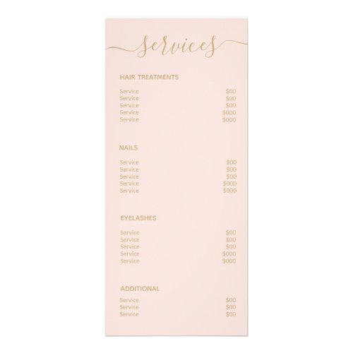 Modern Elegant Blush Pink Gold Salon Price List Rack Card