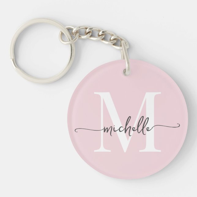 Modern Elegant Blush Pink Monogram Name Script Keychain (Front)