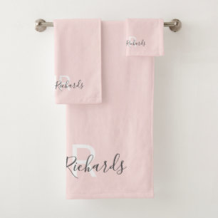 Modern elegant blush pink monogram script bath towel set