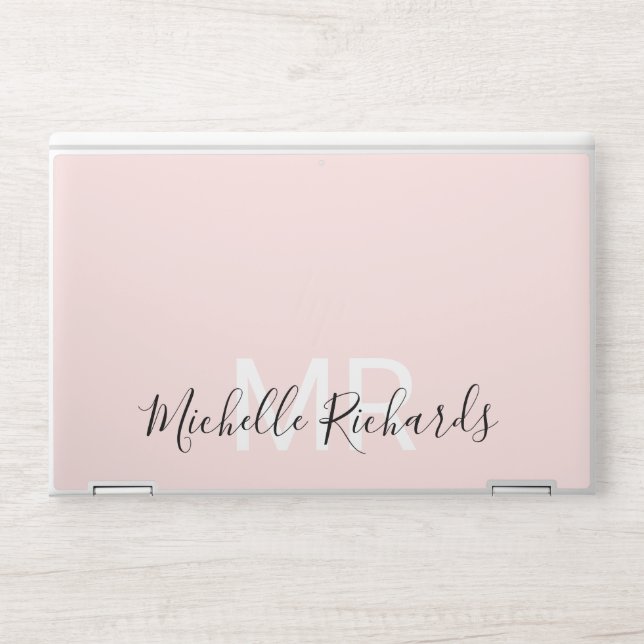 Modern elegant blush pink monogram script HP laptop skin (Front)