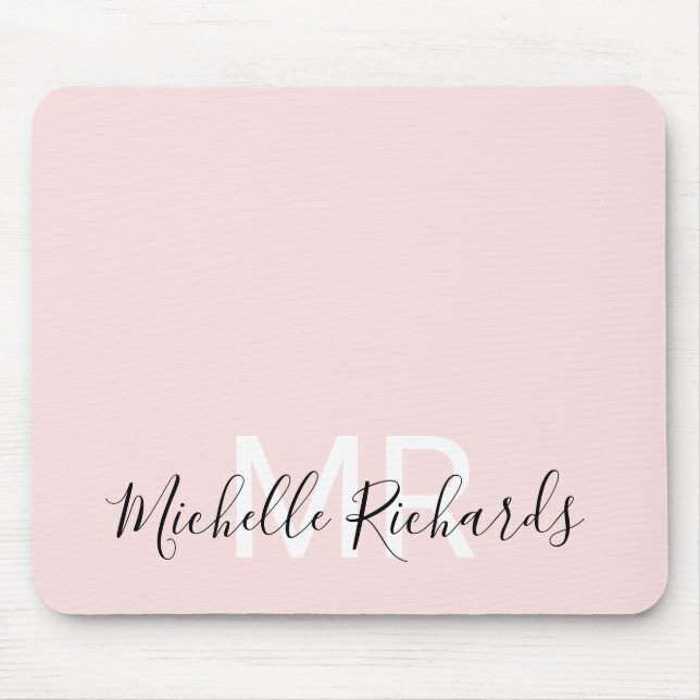 Modern elegant blush pink monogram script mouse pad (Front)