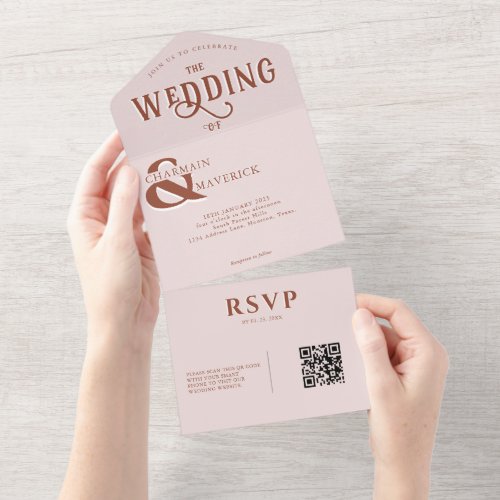 Modern Elegant Blush Pink QR Code Wedding  All In One Invitation