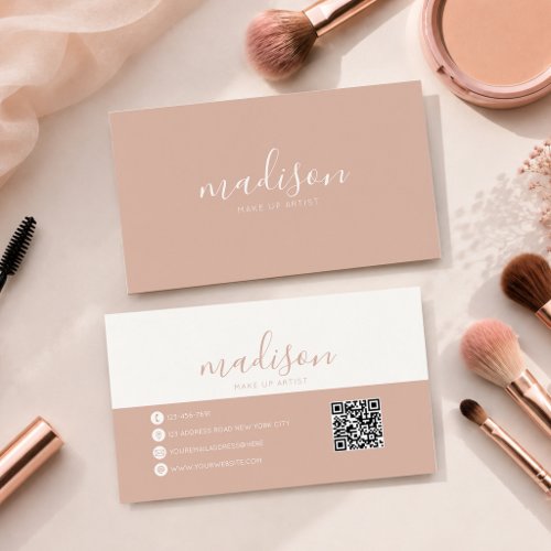 Modern Elegant Blush Pink Script Qr Code Business Card