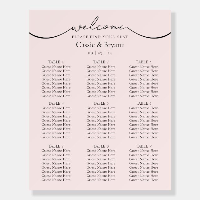 Modern Elegant Blush Pink Wedding Seating Chart Foam Board (Front)