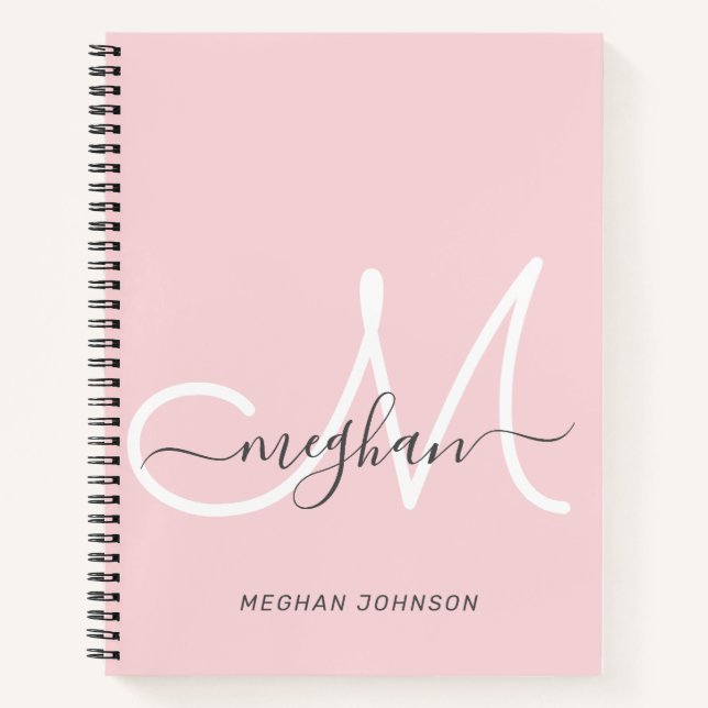 Modern Elegant Blush White Script Monogram Notebook (Front)