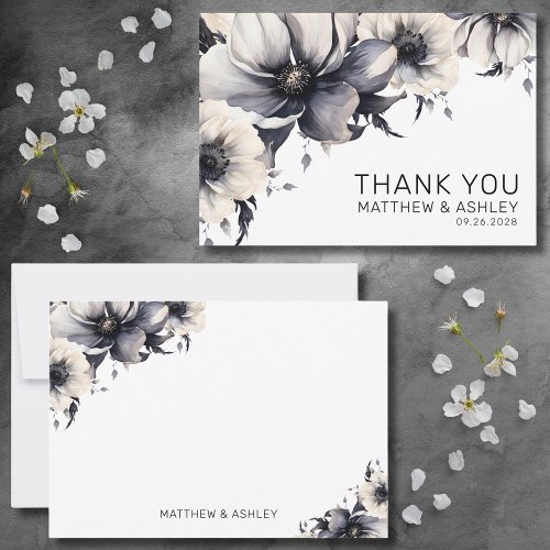 Modern Elegant Boho Black White Floral Wedding Thank You Card