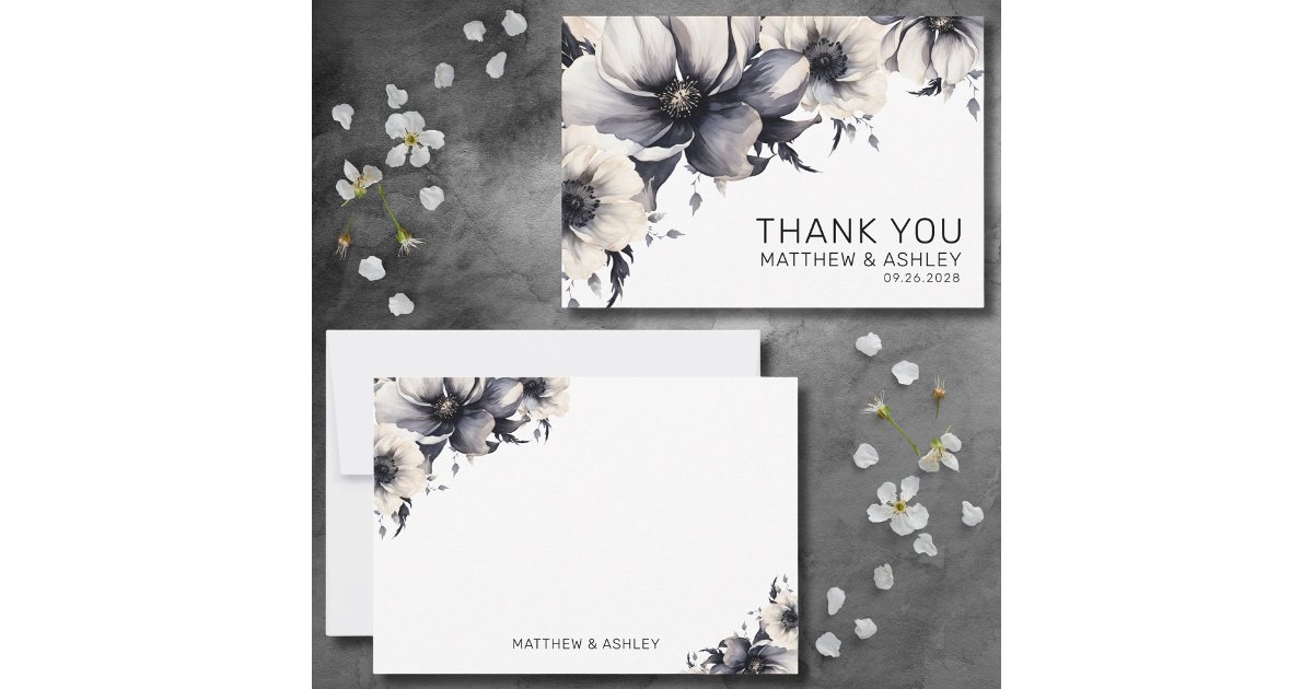 Modern Elegant Boho Black White Floral Wedding Thank You Card | Zazzle