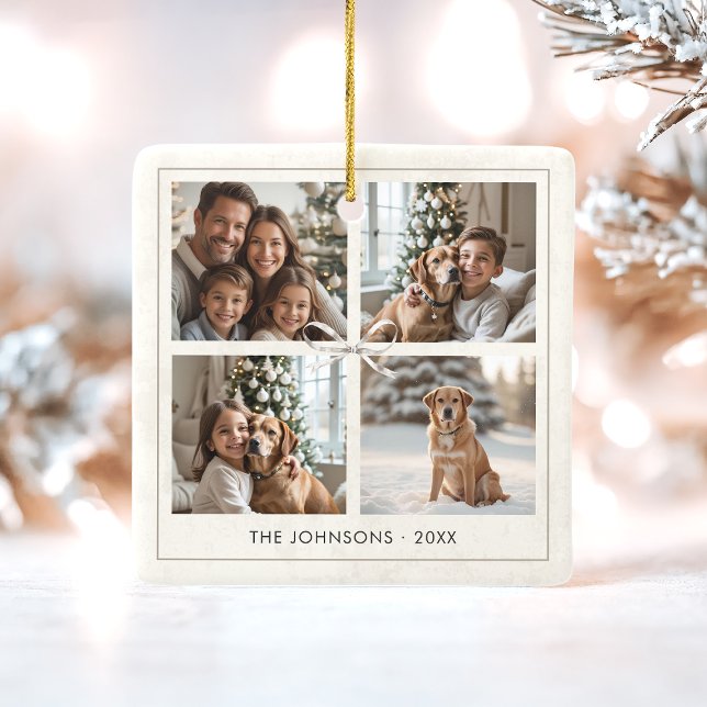Modern Elegant Boho Christmas Family Photo Collage Ceramic Ornament (Elegant boho 4 photo collage ceramic holiday ornament)