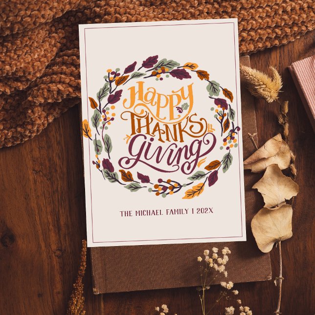 Modern Elegant Boho Floral Wreath Thanksgiving Holiday Card (Creator Uploaded)