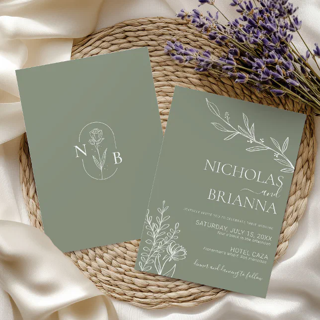 Modern Elegant Boho Sage Green Wedding Minimalist Invitation | Zazzle