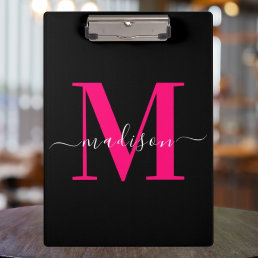 Modern Elegant Bold Pink &amp; black Monogram Initials Clipboard