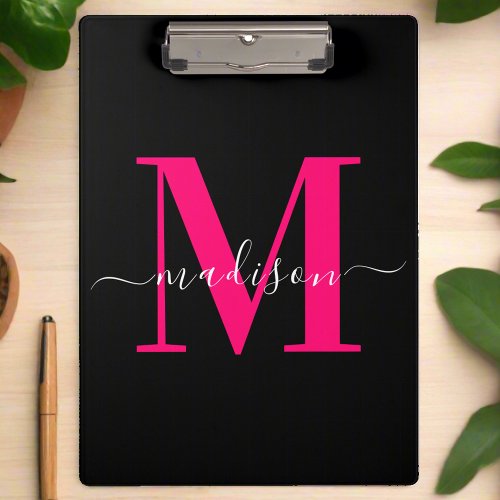 Modern Elegant Bold Pink  black Monogram Initials Clipboard
