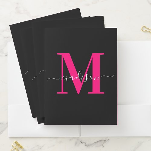 Modern Elegant Bold Pink  Black Monogram Initials Pocket Folder