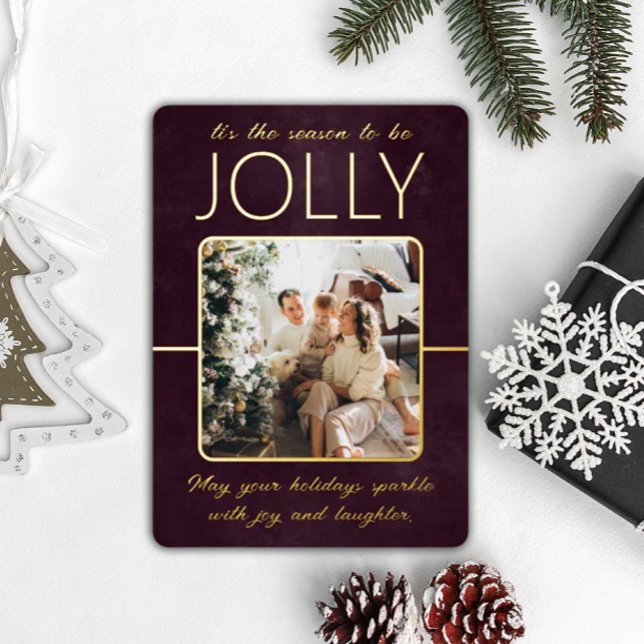Modern Elegant Bordo Photo Personalized Christmas Foil Holiday Card (Creator Uploaded)