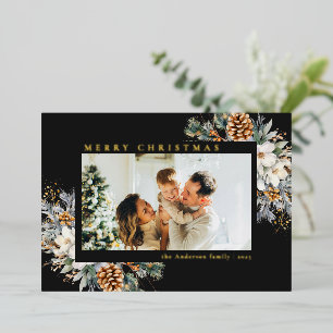 Modern Elegant Botanical Black Photo Christmas Foil Holiday Card
