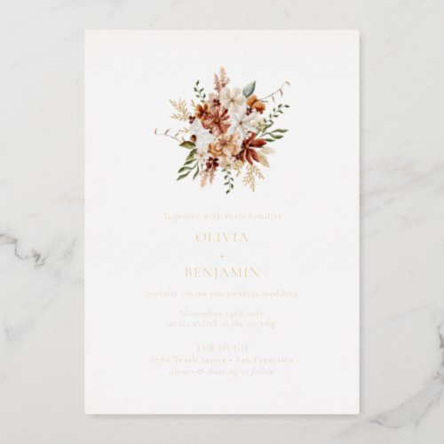 Modern Elegant Botanical Burgundy Bouquet Wedding  Foil Invitation