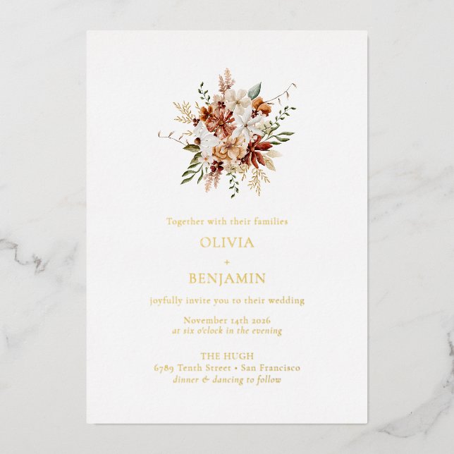 Modern Elegant Botanical Burgundy Bouquet Wedding  Foil Invitation (Front)