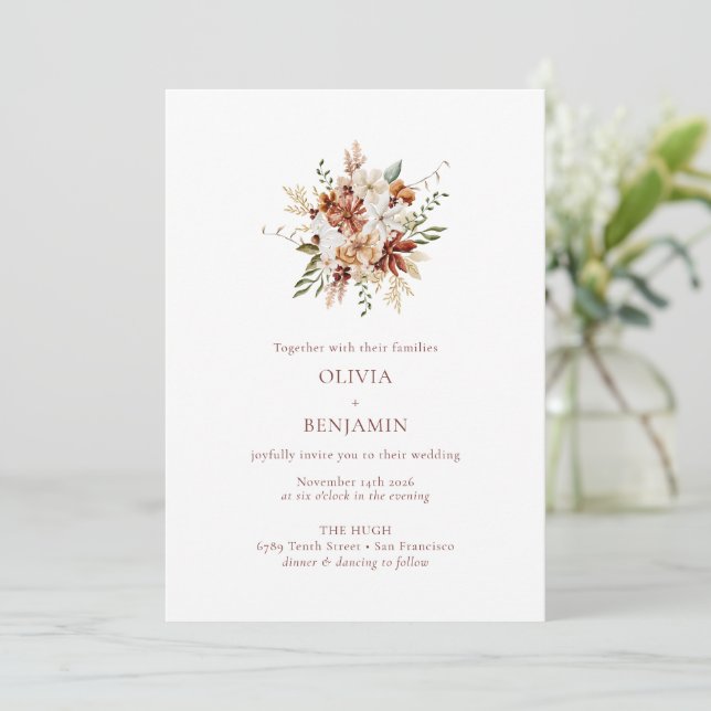 Modern Elegant Botanical Burgundy Bouquet Wedding  Invitation (Standing Front)