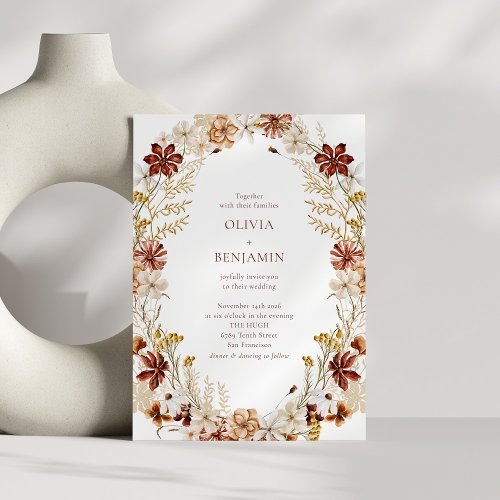 Modern Elegant Botanical Burgundy Wreath Wedding Invitation