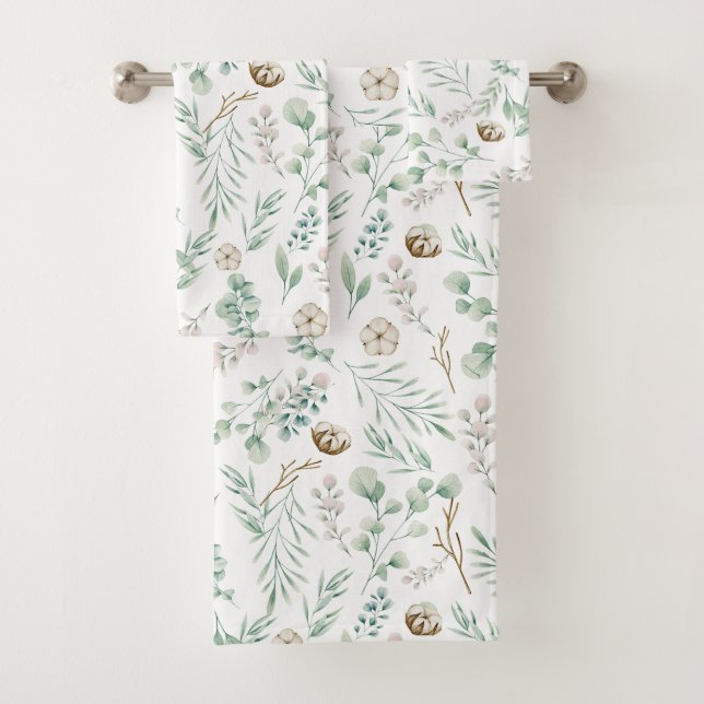 Modern Elegant Botanical Eucalyptus Bath Towel Set (Insitu)
