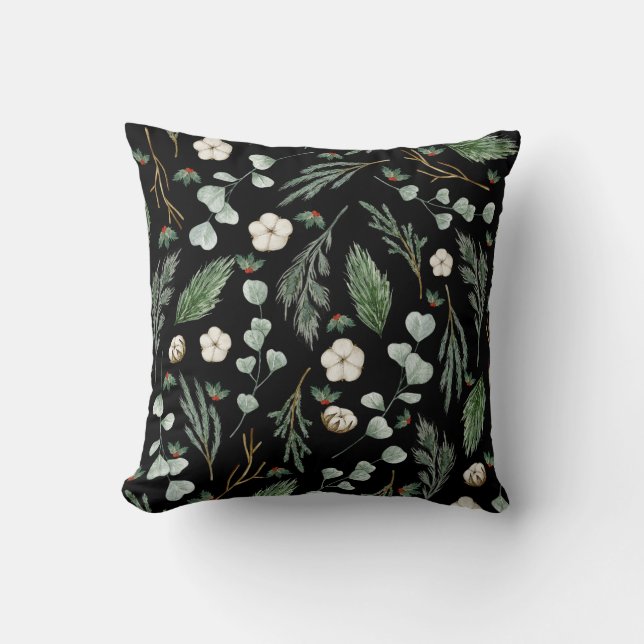 Modern Elegant Botanical Eucalyptus Black Throw Pillow (Front)