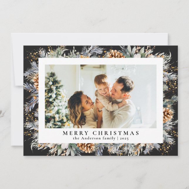 Modern Elegant Botanical Foliage | Black Christmas Holiday Card (Front)