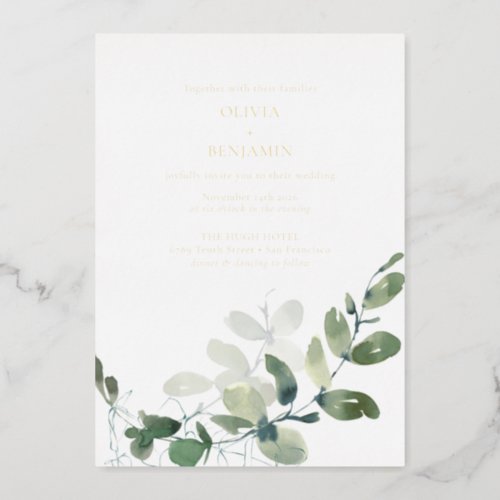 Modern Elegant Botanical Green Eucalyptus Wedding  Foil Invitation