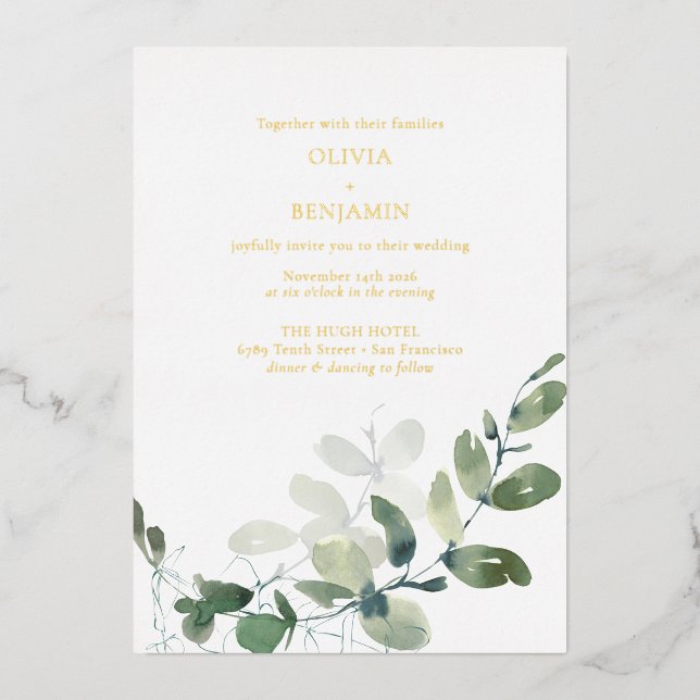 Modern Elegant Botanical Green Eucalyptus Wedding  Foil Invitation (Front)