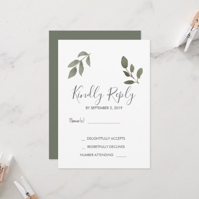Modern elegant botanical leaves Wedding RSVP Invitation (Front/Back In Situ)