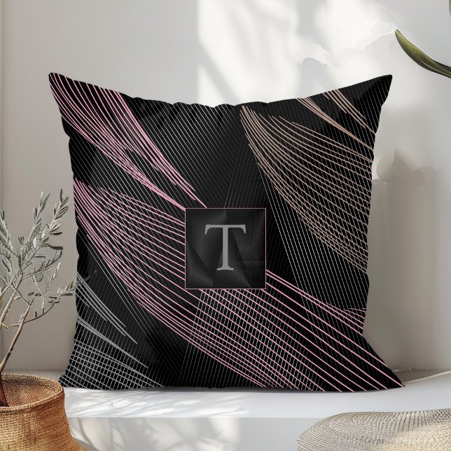 Modern Elegant Botanical Lines Pink Gray Black  Throw Pillow (Creator Uploaded)