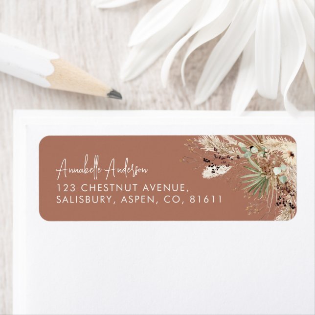 Modern elegant botanical pampas stylish terracotta label (Insitu)