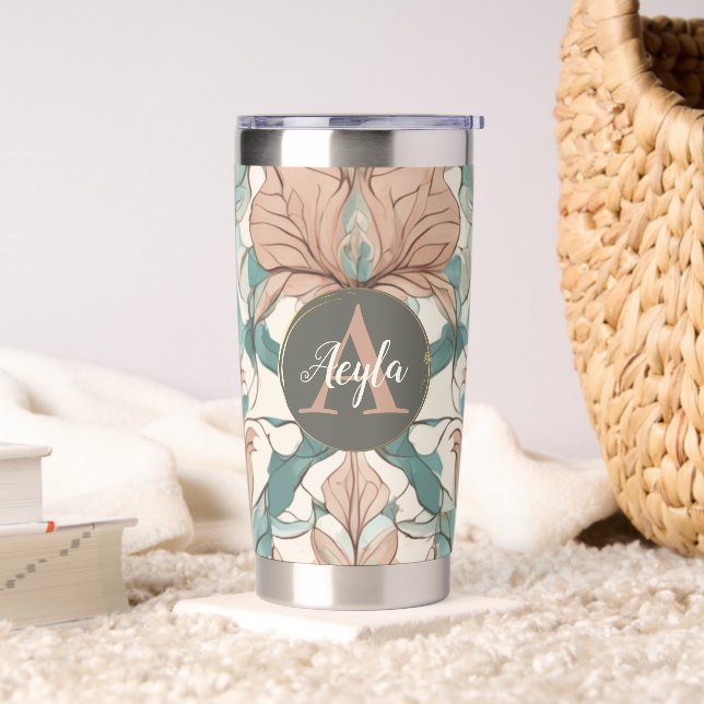 Modern Elegant Botanical Pink Floral Damask Insulated Tumbler (Living Room)