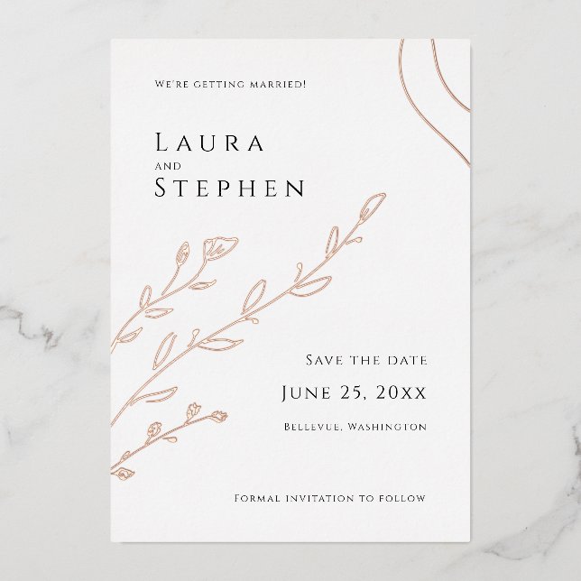 Modern Elegant Botanical Save the Date Foil Invitation (Front)